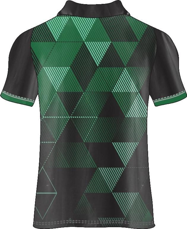 Green and black geometric patterned shirt on a white background
